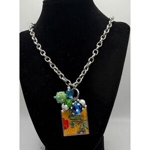 Lisa Frost Signed Butterfly Art Pendant Necklace Chunky Chain 22"